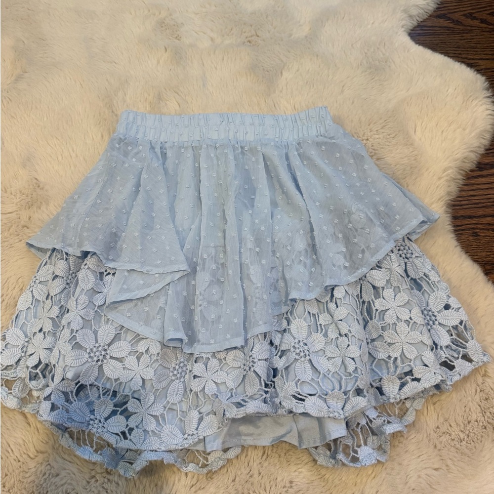 Selfie Leslie Light Blue Lace Mini Skirt Rush